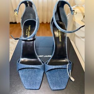 *Brand New*Saint Laurent Denim Ankle-Strap Stiletto Sandals in Blue